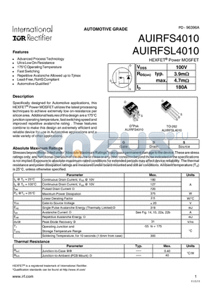 AUIRFSL4010 datasheet - Automotive applications