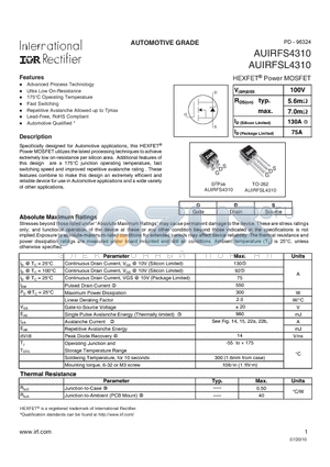 AUIRFSL4310 datasheet - HEXFET Power MOSFET