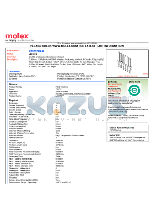 75757-0242 datasheet - 3.50mm (.138) Pitch, MX150 Header, Breakaway, Vertical, 4 Circuits, 1.25lm (50l) Nickel (Ni) Overall, 2.50lm (100l) Minimum Select Matte Tin (Sn) Plating on Tail