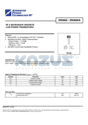 2N3866 datasheet - RF & MICROWAVE DISCRETE LOW POWER TRANSISTORS