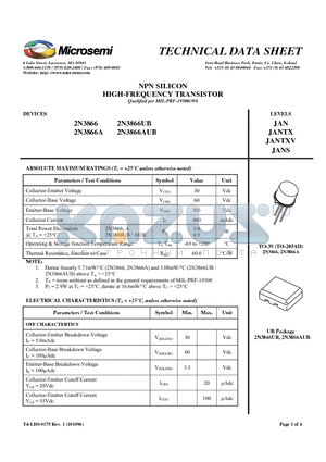 2N3866 datasheet - NPN SILICON HIGH-FREQUENCY TRANSISTOR