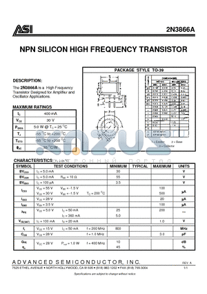 2N3866A datasheet - NPN SILICON HIGH FREQUENCY TRANSISTOR