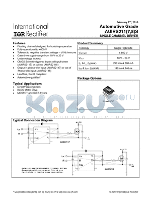 AUIRS2117STR datasheet - SINGLE CHANNEL DRIVER