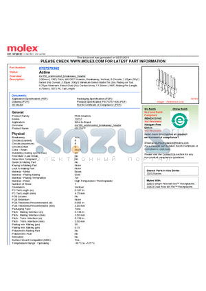 75757-0362 datasheet - 3.50mm (.138) Pitch, MX150 Header, Breakaway, Vertical, 6 Circuits, 1.25lm (50l) Nickel (Ni) Overall, 2.50lm (100l) Minimum Select Matte Tin (Sn) Plating on Tail