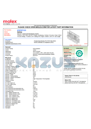 75757-1131 datasheet - 3.50mm (.138) Pitch, MX150 Header, Breakaway, Vertical, 6 Circuits, 2.5lm (100l) Tin (Sn) Plating, 11.20mm (.441) Mating Pin Length, 3.05mm (.120) PC Tail Length