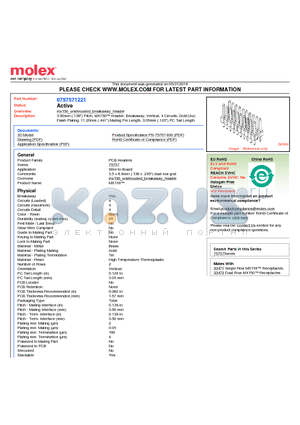 75757-1221 datasheet - 3.50mm (.138) Pitch, MX150 Header, Breakaway, Vertical, 4 Circuits, Gold (Au) Flash Plating, 11.20mm (.441) Mating Pin Length, 3.05mm (.120) PC Tail Length