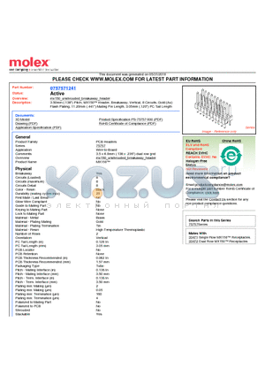 75757-1241 datasheet - 3.50mm (.138) Pitch, MX150 Header, Breakaway, Vertical, 8 Circuits, Gold (Au) Flash Plating, 11.20mm (.441) Mating Pin Length, 3.05mm (.120) PC Tail Length