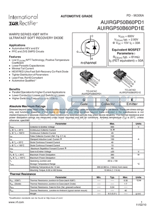 AUIRGP50B60PD1 datasheet - WARP2 SERIES IGBT WITH ULTRAFAST SOFT RECOVERY DIODE