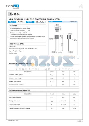 2N3904 datasheet - NPN GENERAL PURPOSE SWITCHING TRANSISTOR