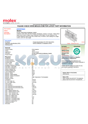 75757-5221 datasheet - 3.50mm (.138) Pitch, MX150 Header, Breakaway, Vertical, 4 Circuits, 1.25lm (50l) Nickel (Ni) Overall, 2.50lm (100l) Minimum Select Matte Tin (Sn) Plating on Tail