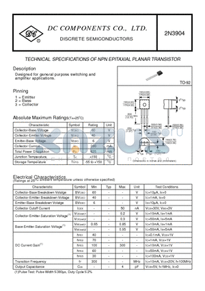2N3904 datasheet - TECHNICAL SPECIFICATIONS OF NPN EPITAXIAL PLANAR TRANSISTOR