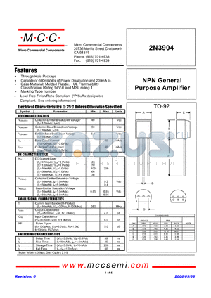 2N3904 datasheet - NPN General Purpose Amplifier
