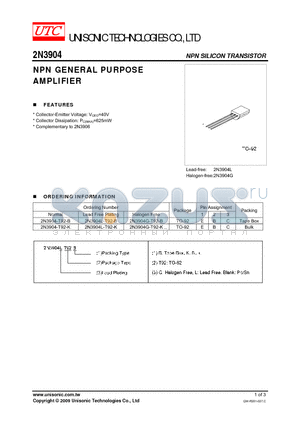 2N3904L-T92-K datasheet - NPN GENERAL PURPOSE AMPLIFIER