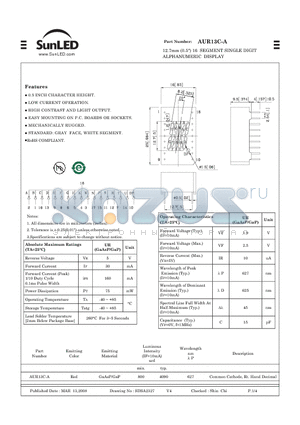 AUR13C-A datasheet - 12.7mm (0.5) 16 SEGMENT SINGLE DIGIT ALPHANUMERIC DISPLAY