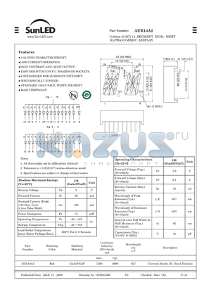 AUR14A2 datasheet - 13.8mm (0.54) 14 SEGMENT DUAL DIGIT ALPHANUMERIC DISPLAY