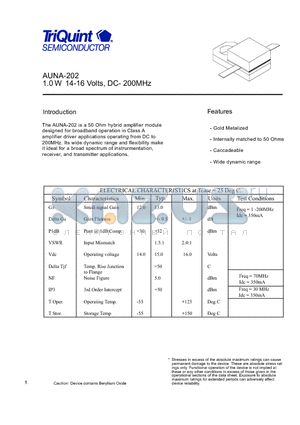 AUNA-202 datasheet - 1.0 W 14-16 Volts, DC- 200MHz