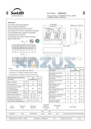 AUR14C2 datasheet - 13.8mm (0.54) 14 SEGMENT DUAL DIGIT ALPHANUMERIC DISPLAY