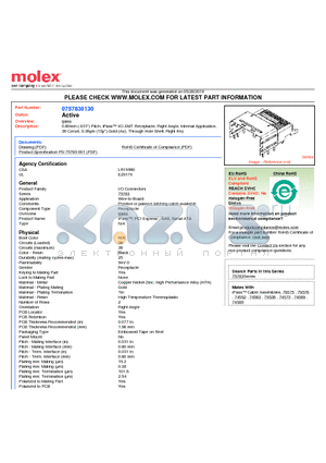 75783-0130 datasheet - 0.80mm (.031) Pitch, iPass I/O SMT Receptacle, Right Angle, Internal Application, 36 Circuit, 0.38lm (15l) Gold (Au), Through Hole Shell, Right Key