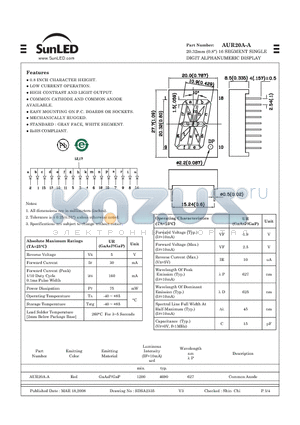 AUR20A-A datasheet - 20.32mm (0.8) 16 SEGMENT SINGLE DIGIT ALPHANUMERIC DISPLAY
