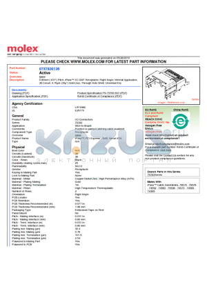 75783-0136 datasheet - 0.80mm (.031) Pitch, iPass I/O SMT Receptacle, Right Angle, Internal Application, 36 Circuit, 0.76lm (30l) Gold (Au), Through Hole Shell, Universal Key