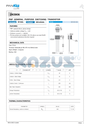 2N3906 datasheet - PNP GENERAL PURPOSE SWITCHING TRANSISTOR