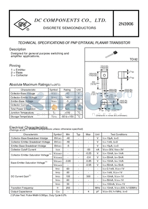 2N3906 datasheet - TECHNICAL SPECIFICATIONS OF PNP EPITAXIAL PLANAR TRANSISTOR