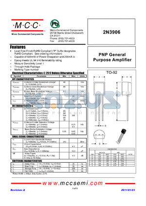 2N3906 datasheet - PNP General Purpose Amplifier