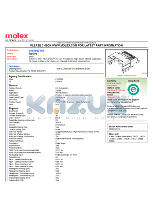 75783-0140 datasheet - 0.80mm (.031) Pitch, iPass I/O SMT Receptacle, Right Angle, Internal Application, 36 Circuit, 0.38lm (15l) Gold (Au), Through Hole Shell, Universal Key