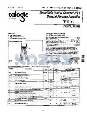 2N3922 datasheet - MONOLITHIC DUAL N-CHANNEL JFET HENERAL PURPOSE AMPLIFIER