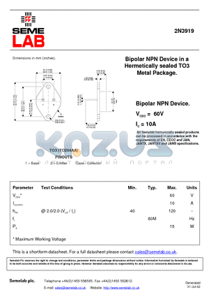 2N3919 datasheet - Bipolar NPN Device in a Hermetically sealed TO3 Metal Package