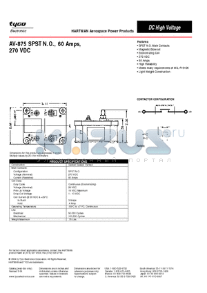 AV-875 datasheet - AV-875 SPST N.O.,60 Amps, 270 VDC