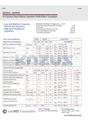 2N3958 datasheet - N-Channel Dual Silicon Junction Field-Effect Transistor