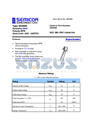 2N3960 datasheet - Type 2N3960 Geometry 0003 Polarity NPN