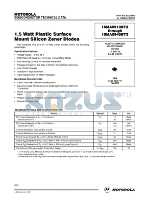 1SMA5913BT3 datasheet - PLASTIC SURFACE MOUNT ZENER DIODES 1.5 WATTS 3.3-68 VOLTS