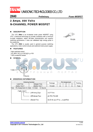 2N40 datasheet - 2 Amps, 400 Volts N-CHANNEL POWER MOSFET