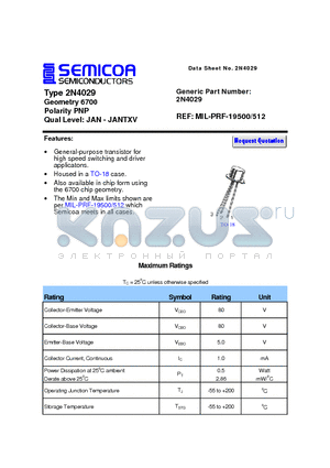 2N4029 datasheet - Type 2N4029 Geometry 6700 Polarity PNP