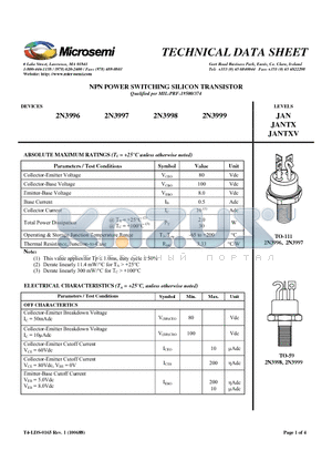 2N3996 datasheet - NPN POWER SWITCHING SILICON TRANSISTOR