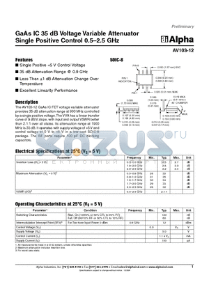 AV103-12 datasheet - GaAs IC 35 dB Voltage Variable Attenuator Single Positive Control 0.5-2.5 GHz