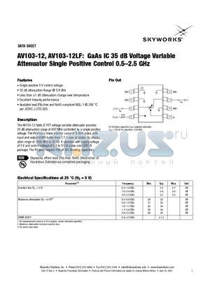 AV103-12 datasheet - GaAs IC 35 dB Voltage Variable Attenuator Single Positive Control 0.5-2.5 GHz