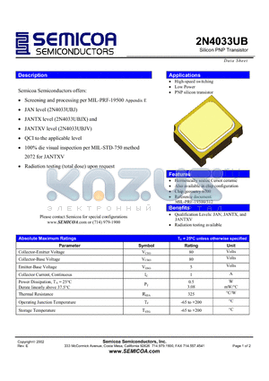 2N4033UB datasheet - Silicon PNP Transistor