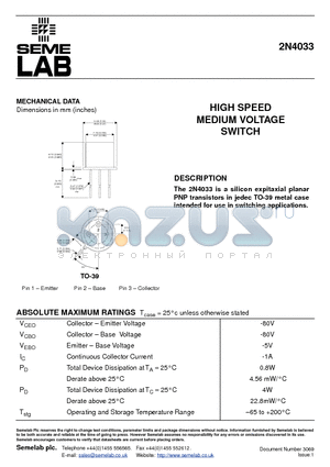 2N4033_01 datasheet - HIGH SPEED MEDIUM VOLTAGE SWITCH