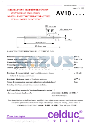 AV10 datasheet - HIGH VOLTAGE REED SWITCH NORMALY OPEN, DRY CONTACT