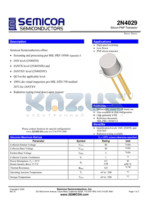 2N4029 datasheet - Silicon PNP Transistor