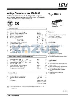 AV100-2000 datasheet - Voltage Transducer