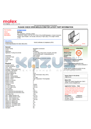 75861-0204 datasheet - 1.85mm by 1.85mm (.073 by .073) Pitch 2-Pair GbX^ Backplane L-Series Connector System, Open Header, 125 Circuits