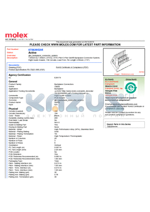 75836-4204 datasheet - 1.85mm by 1.85mm (.073 by .073) Pitch 3-Pair GbX^ Backplane Connector System, Right Guide Header, 150 Circuits, Lead Free, Pin Length 4.55mm (.179)