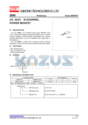 2N40G-TA3-T datasheet - 2A, 400V N-CHANNEL POWER MOSFET