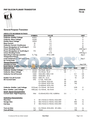 2N4036 datasheet - PNP SILICON PLANAR TRANSISTOR