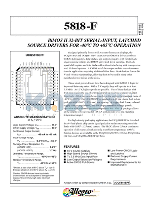 5818-F datasheet - BiMOS II 32-BIT SERIAL-INPUT, LATCHED SOURCE DRIVERS FOR -40 C TO 85 C OPERATION