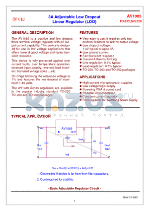 AV1085T datasheet - 3A Adjustable Low Dropout Linear Regulator (LDO)